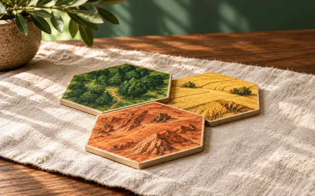 Three decorative hexagonal tiles showing forest, wheat fields and rocky terrain on ivory linen