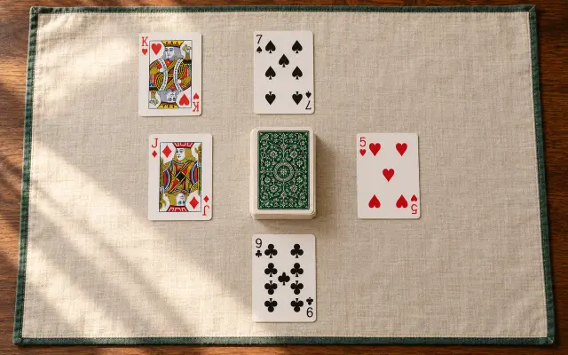 Face-down stock with seven of spades north, five of hearts east, nine of clubs south, jack of diamonds west and king of hearts in the northwest corner