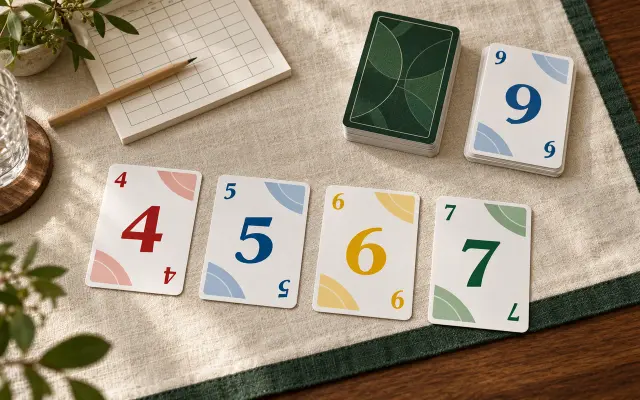 Red 4, blue 5, yellow 6 and green 7 cards beside a face-down stock and a blue 9 discard on ivory linen