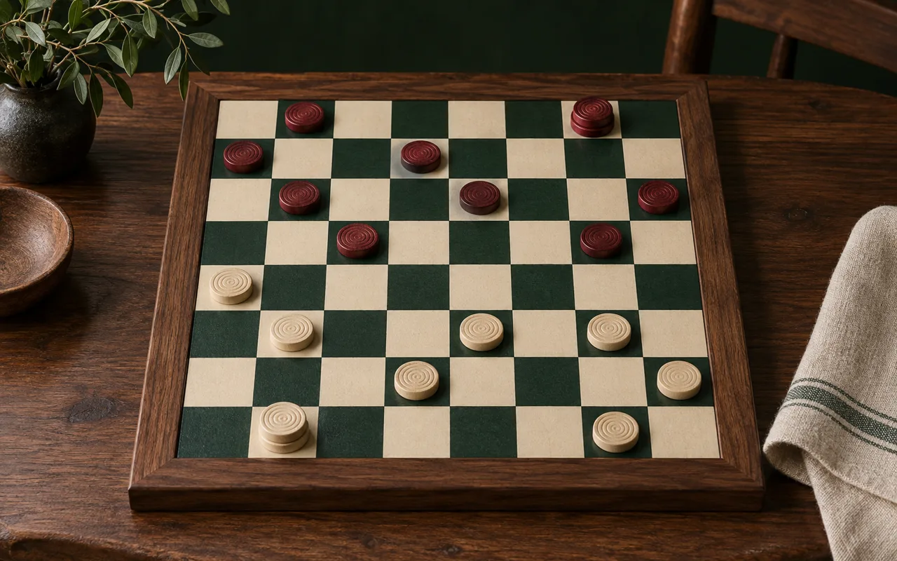 Red and cream checker pieces on an eight-by-eight board
