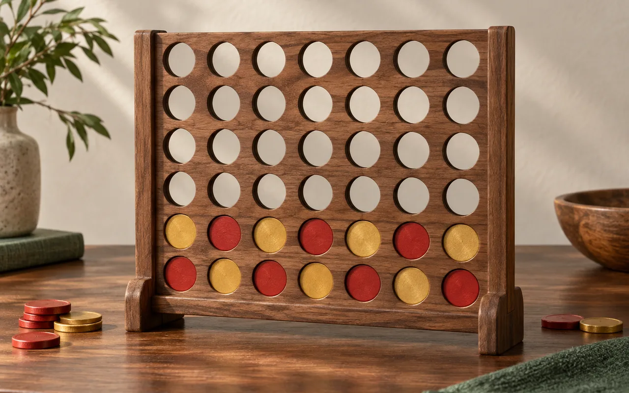 Wooden vertical four-in-a-row grid with red and gold discs