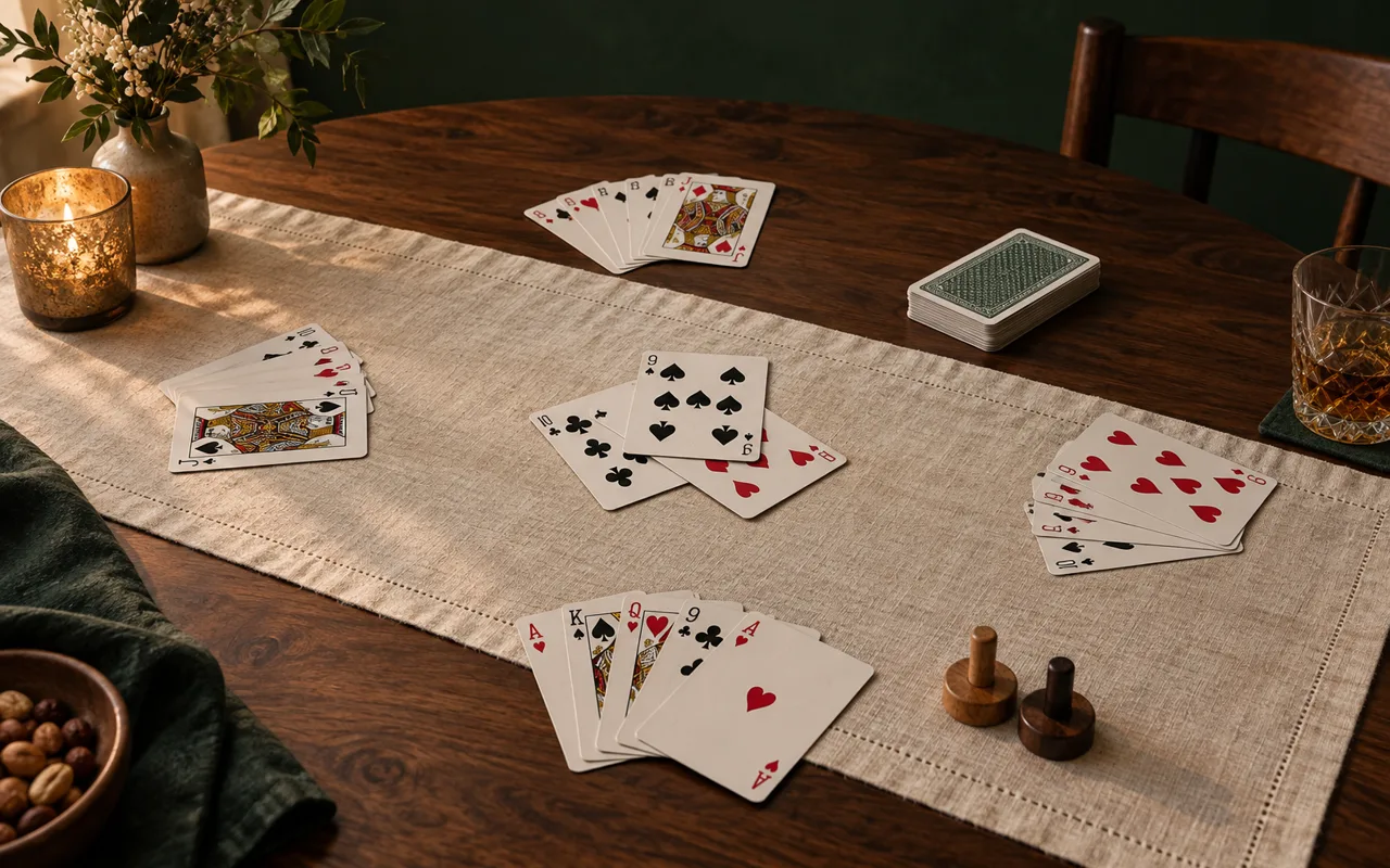 Four compact card hands arranged around a Euchre trick