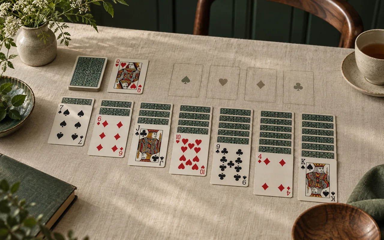 A Klondike Solitaire tableau on a warm ivory table