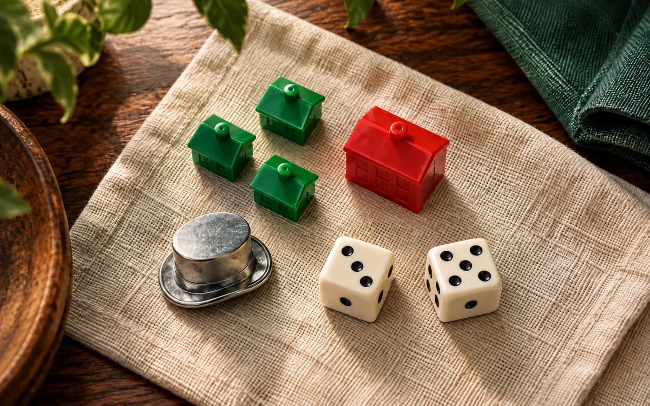 Three green houses, a red hotel, a metal top-hat token and two ivory dice on linen