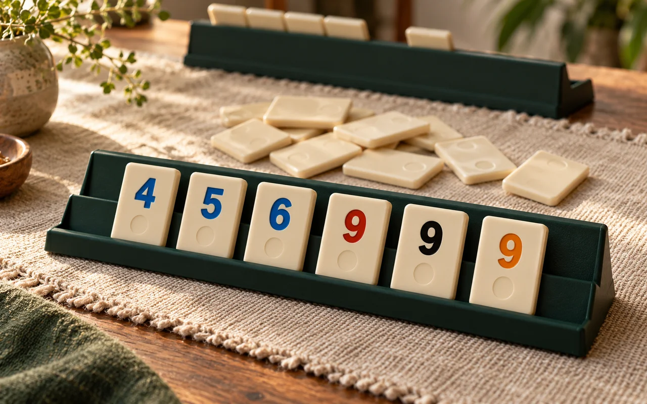 Ivory numbered tiles in a forest-green rack on a warm linen tabletop