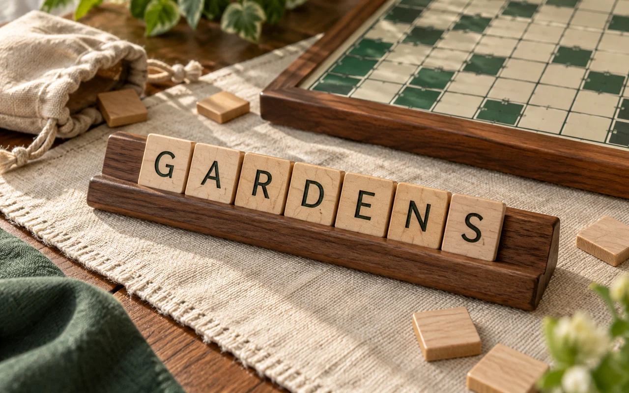 Wooden letter tiles on a walnut rack beside a crossword board and linen pouch
