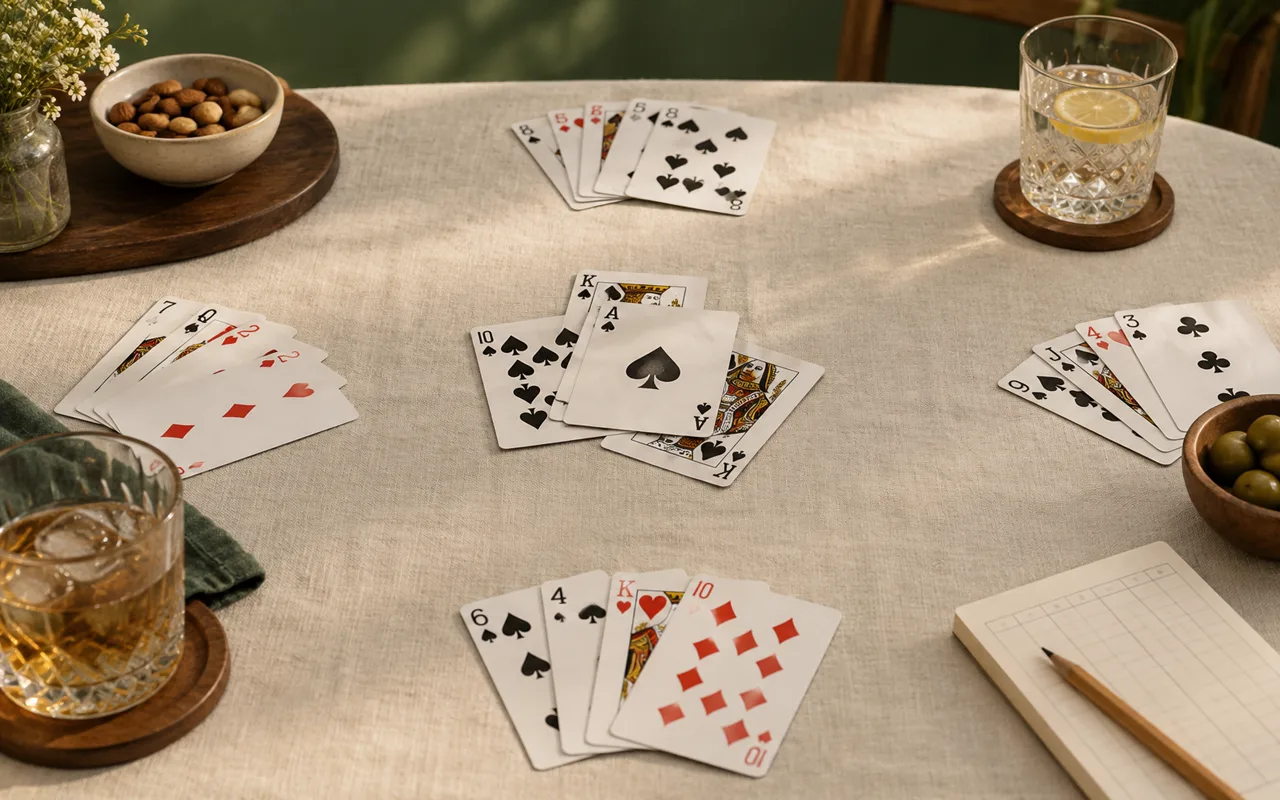 Four card hands and a central trick arranged for Spades
