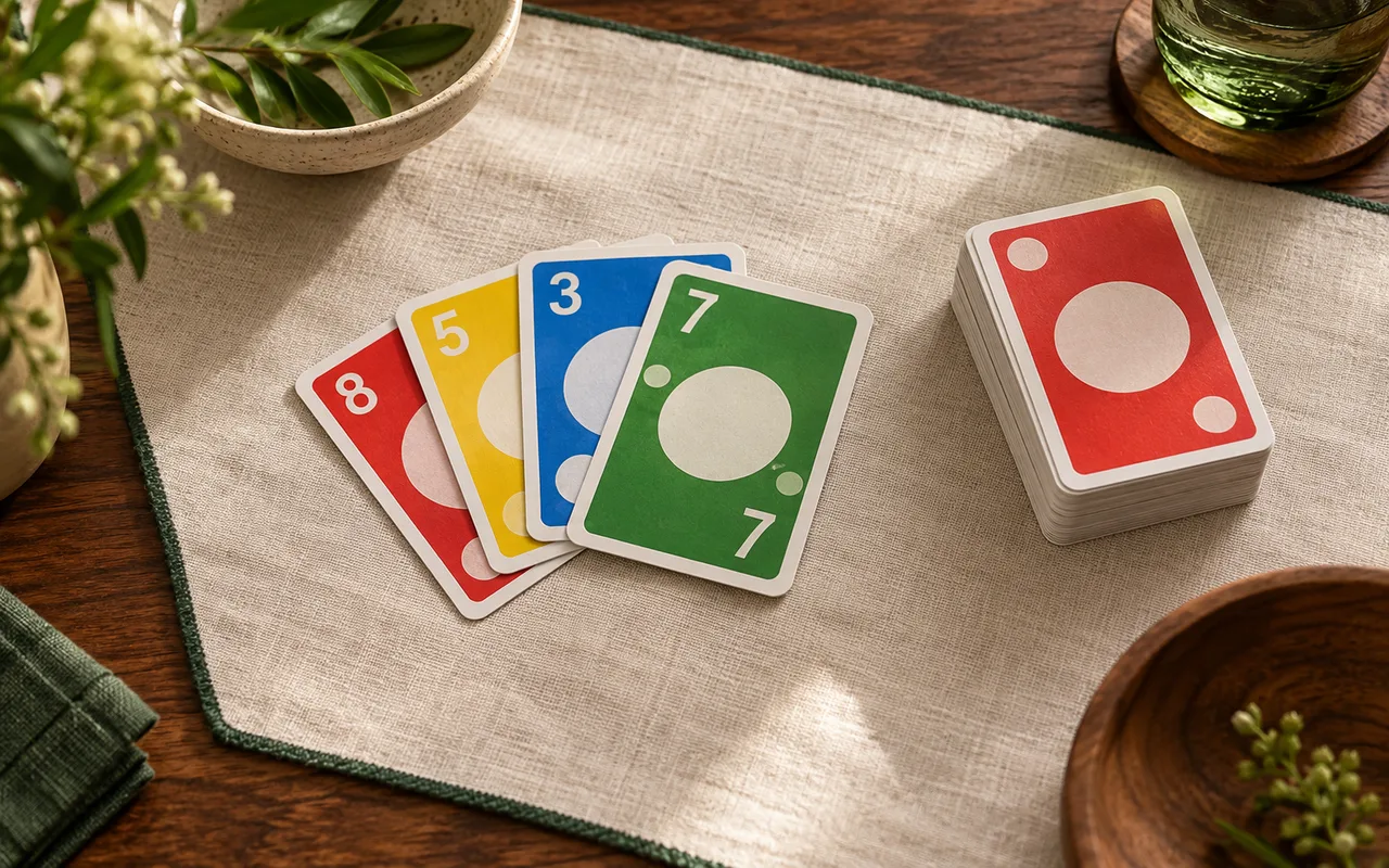 Colourful unbranded number cards arranged around a discard pile